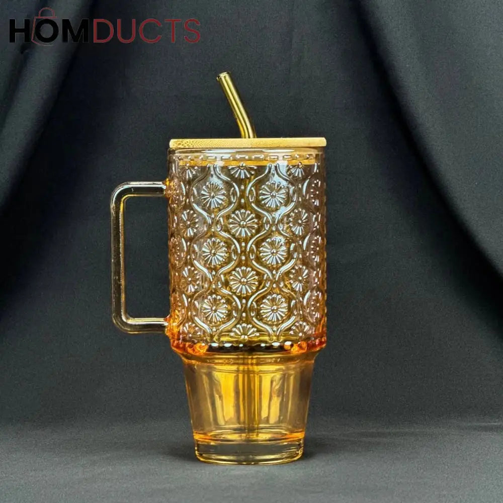 Vintage Embossed Glass Cup (600ml) with Bamboo Lid & Straw Style 2