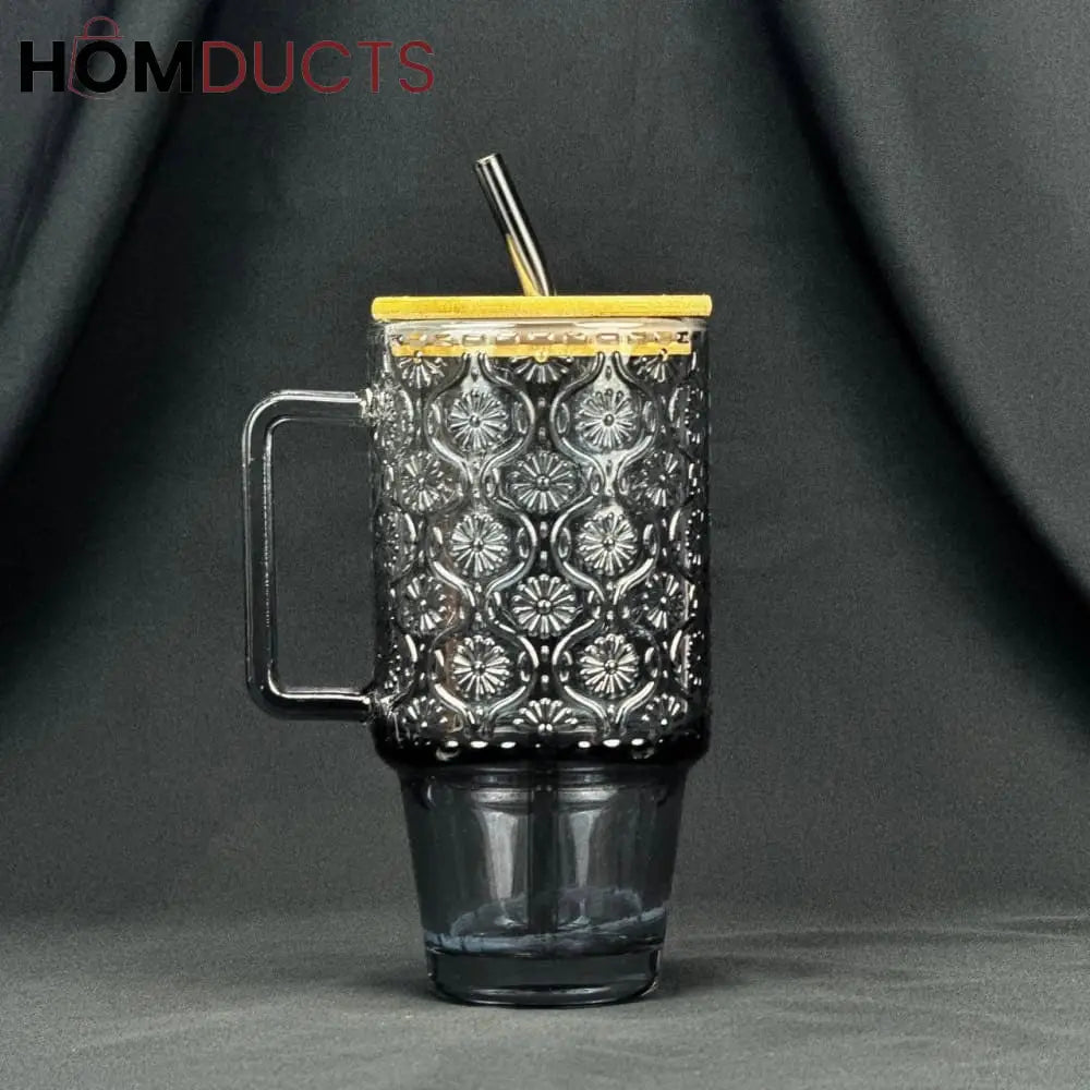 Vintage Embossed Glass Cup (600ml) with Bamboo Lid & Straw Style 3