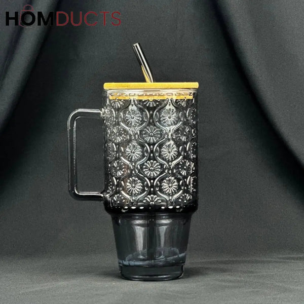 Vintage Embossed Glass Cup (600ml) with Bamboo Lid & Straw Style 3
