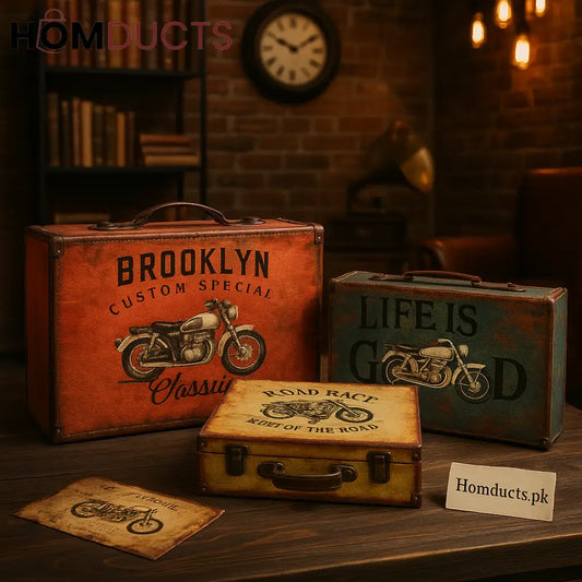 Vintage MotoTrunk 3-Piece Storage Suitcase Set – Retro Motorcycle Design