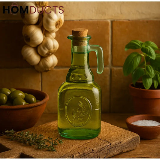 Vintage Olive Oil Dispenser Bottle – Rustic Glass with Handle & Cork Stopper
