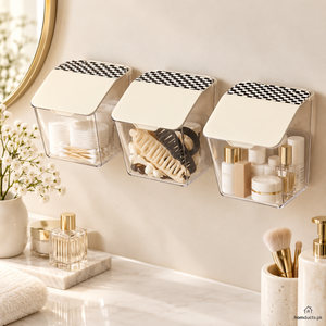 Wall-mount storage bins with lids for bathroom and vanity organization