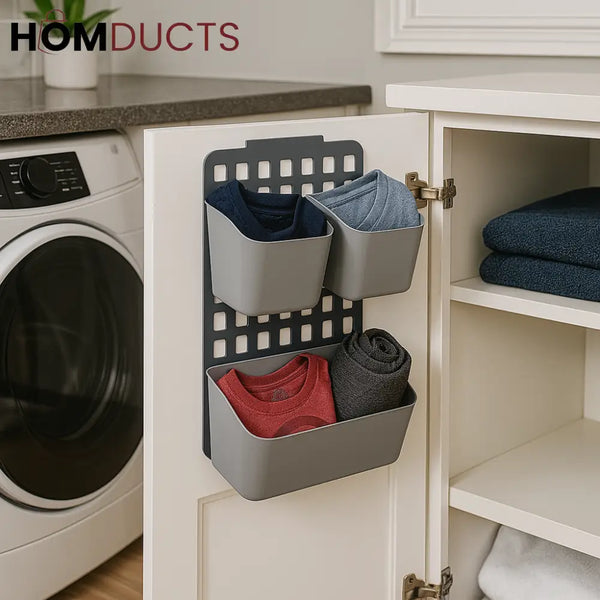 Wall-Mounted Cabinet Door Storage Organizer – 3 Bin Rack for Clothes & Accessories