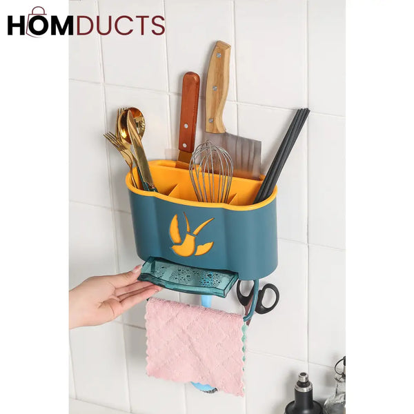 Wall Mounted Cutlery Holder With Drain Tray