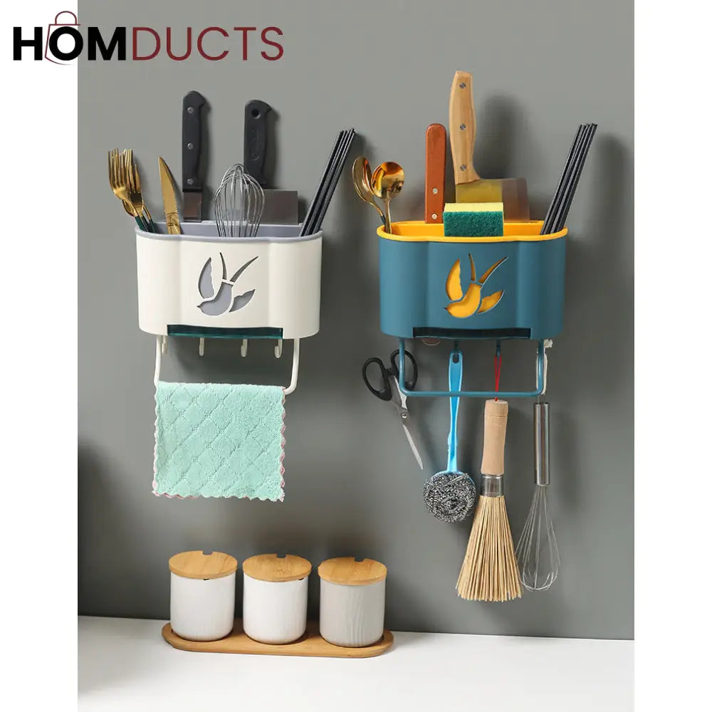 Wall Mounted Cutlery Holder With Drain Tray