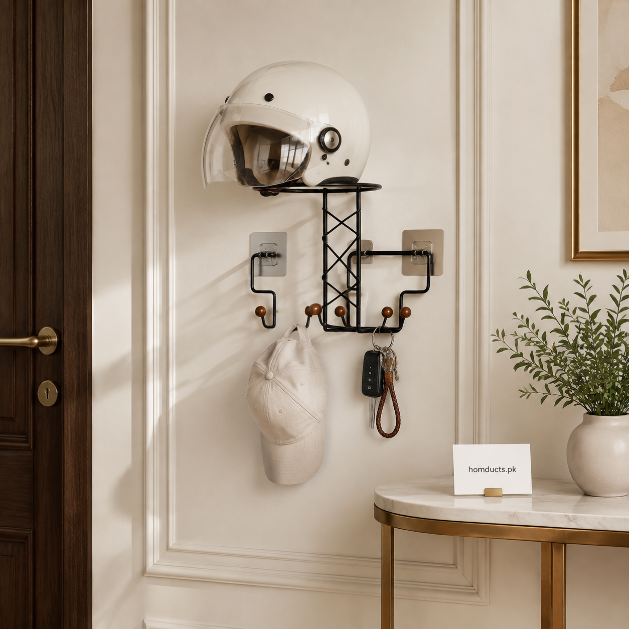 Wall-mounted helmet, cap and key organizer rack in a luxury entryway