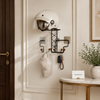 Wall-mounted helmet, cap and key organizer rack in a luxury entryway