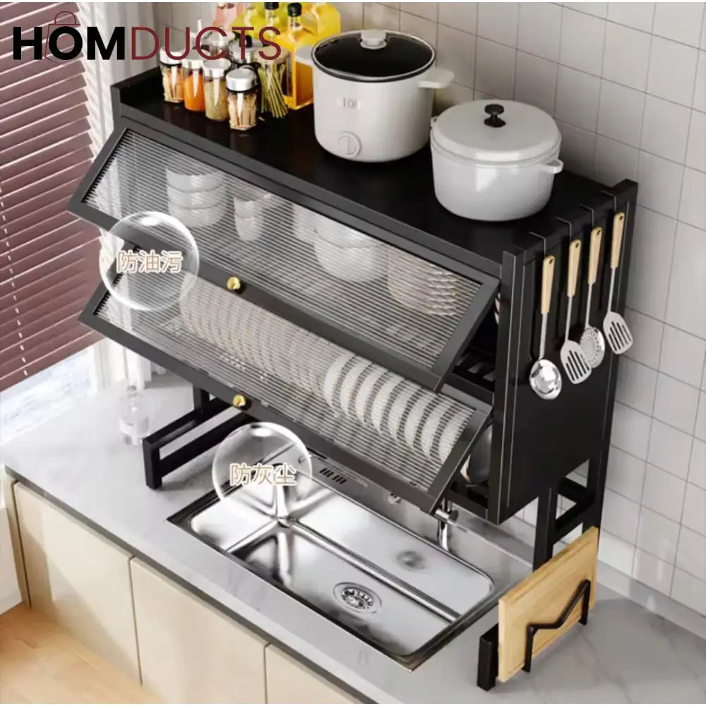Wall-Mounted Kitchen Dish Rack with Storage Shelf Knife Holder and Utensil Organizer - Over Sink Space Saver