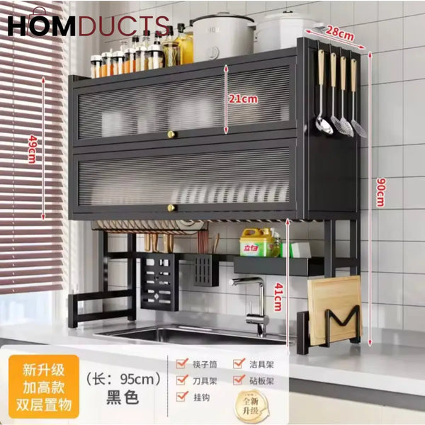 Wall-Mounted Kitchen Dish Rack with Storage Shelf Knife Holder and Utensil Organizer - Over Sink Space Saver