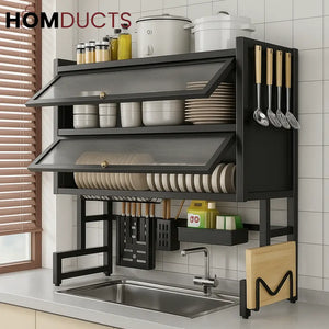 Wall-Mounted Kitchen Dish Rack with Storage Shelf Knife Holder and Utensil Organizer - Over Sink Space Saver