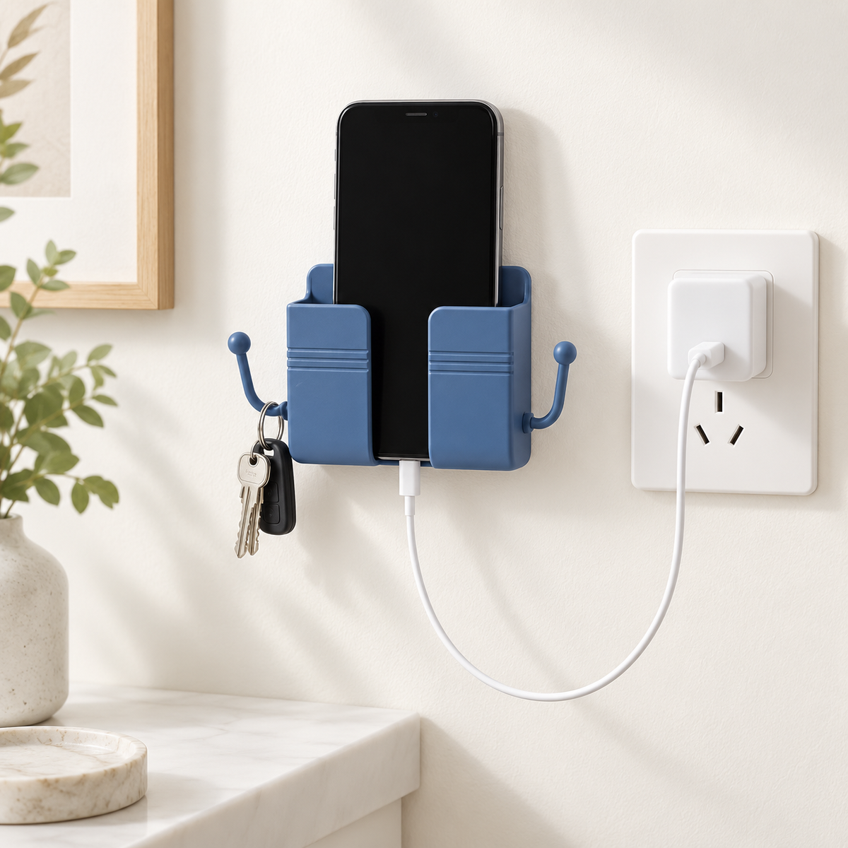 Wall-mounted mobile charging holder with two side hooks