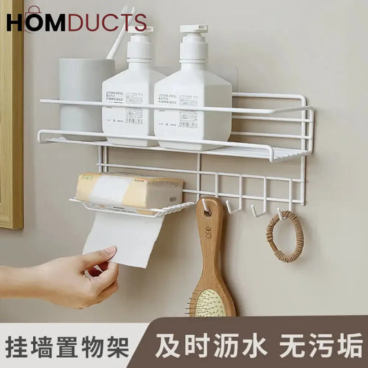 Wall Mounted Shelf With Hooks And Soap Holder