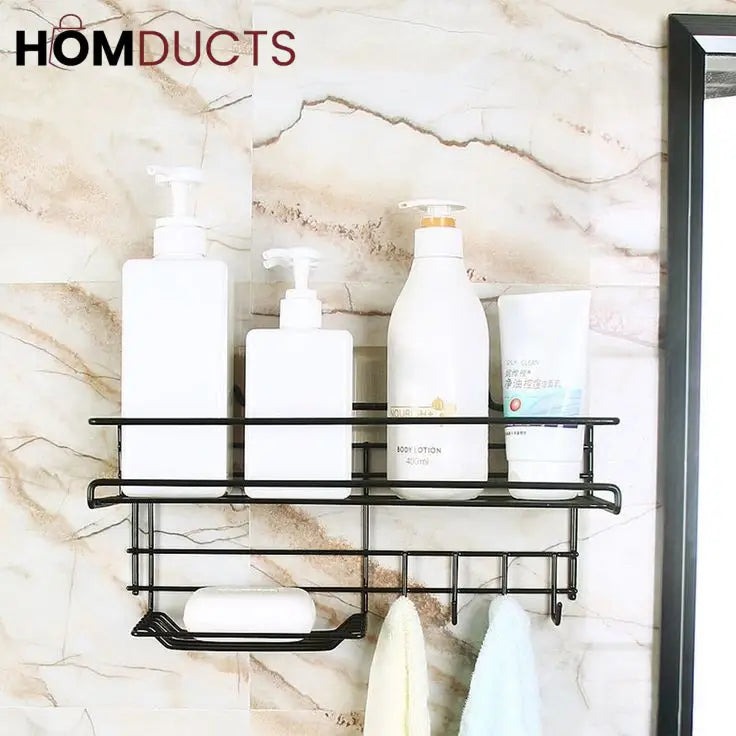 Wall Mounted Shelf With Hooks And Soap Holder