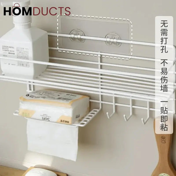 Wall Mounted Shelf With Hooks And Soap Holder