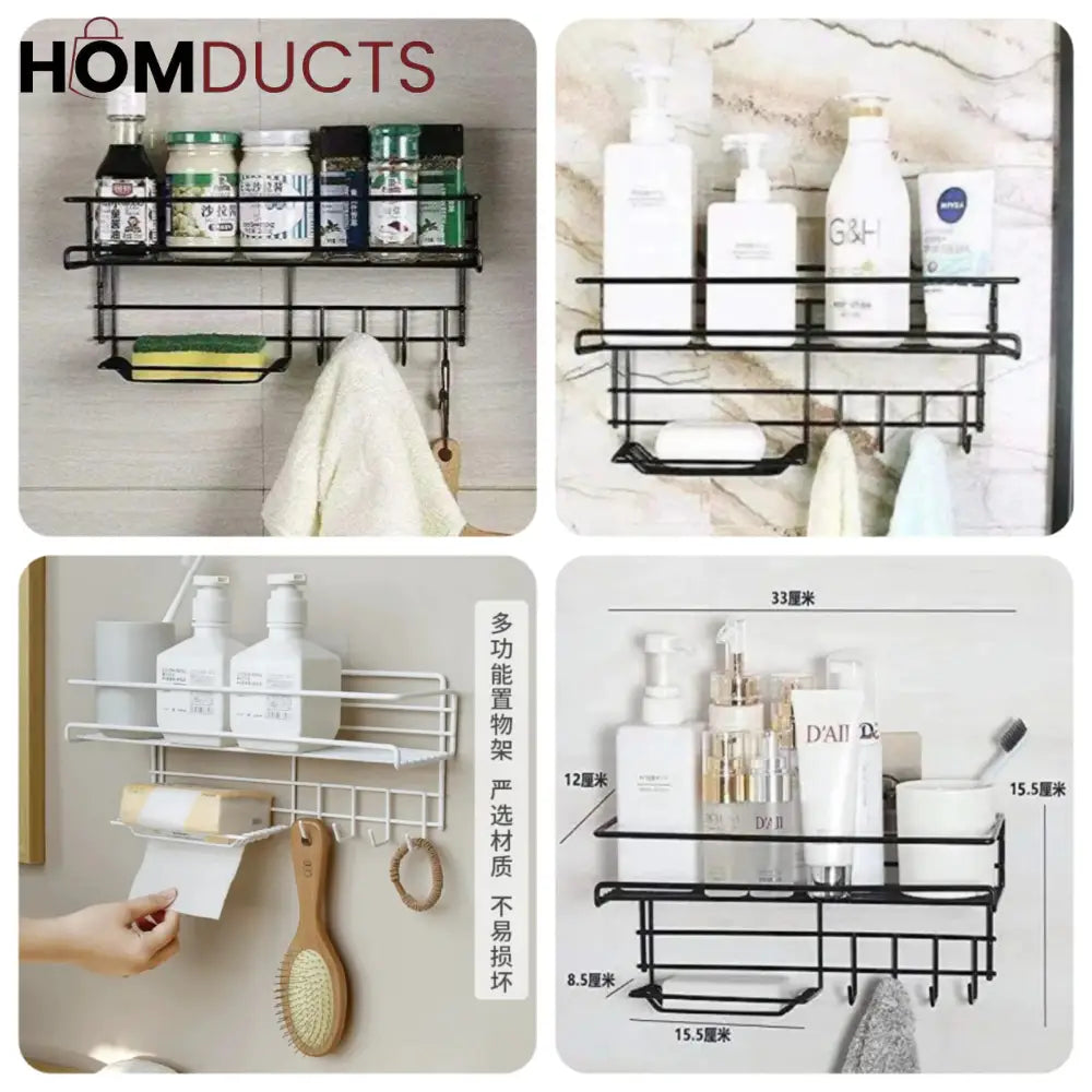 Wall Mounted Shelf With Hooks And Soap Holder