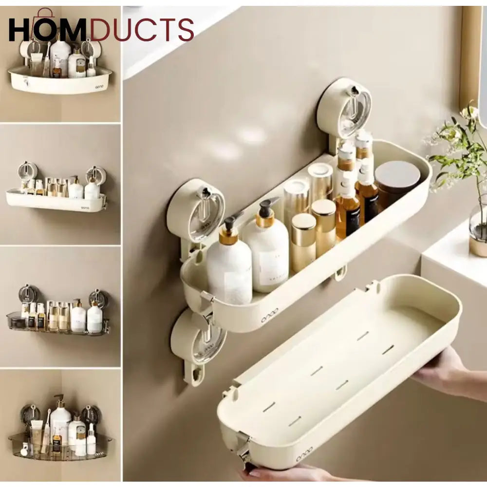 Wall-Mounted Shower Shelf Organizer – No-Drill Suction Bathroom Storage Rack for Toiletries & Cosmetics