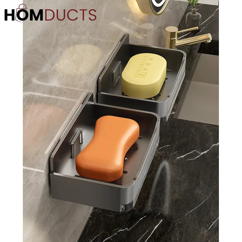 Wall-Mounted Soap Holder with Drain Tray – Waterproof Punch-Free Soap Box with Lid for Bathroom & Kitchen