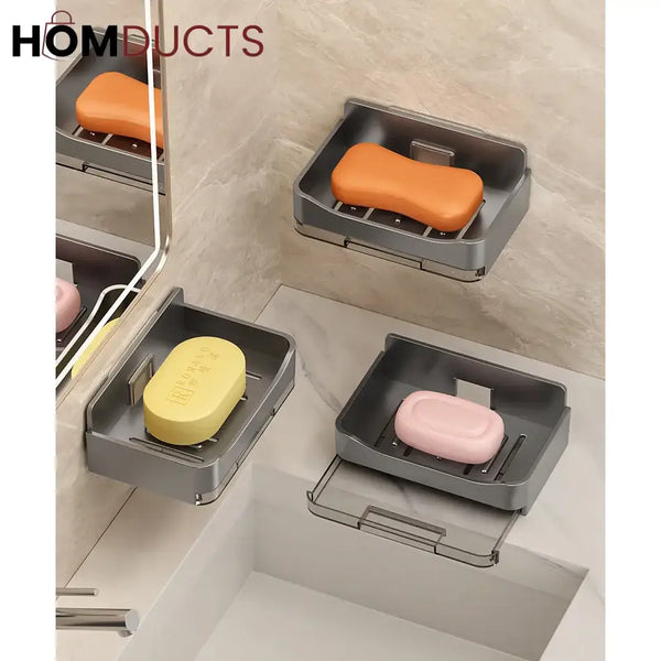Wall-Mounted Soap Holder with Drain Tray – Waterproof Punch-Free Soap Box with Lid for Bathroom & Kitchen