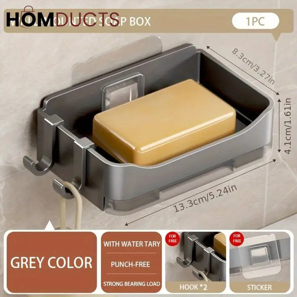 Wall-Mounted Soap Holder with Drain Tray – Waterproof Punch-Free Soap Box with Lid for Bathroom & Kitchen