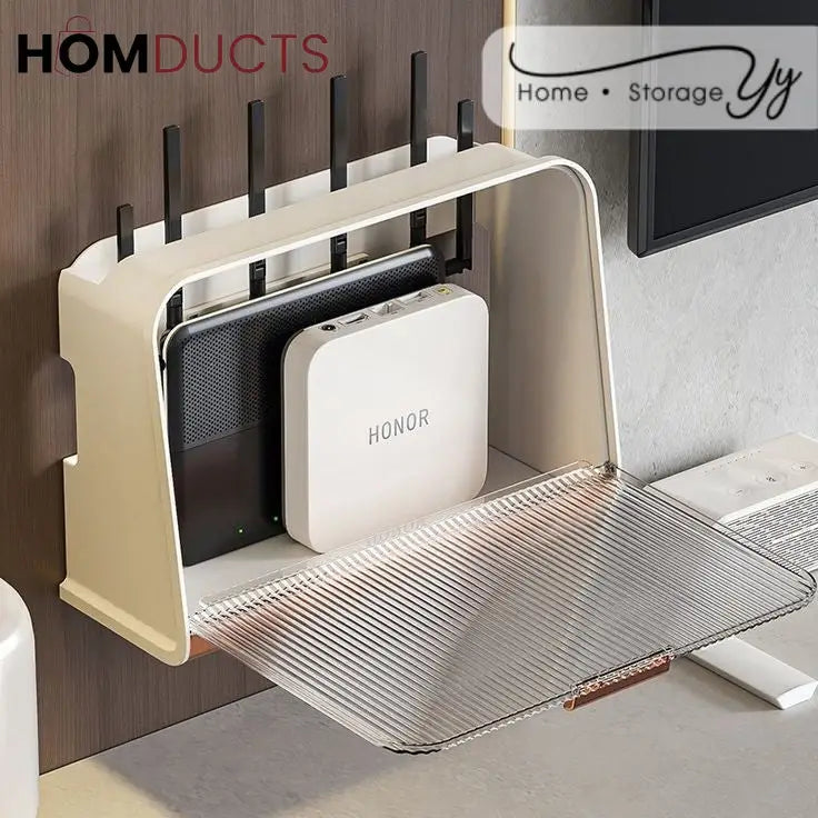 Wall-Mounted WiFi Router Storage Box with Cable Organizer – Modern Ventilated Cover for Modem and Electronics