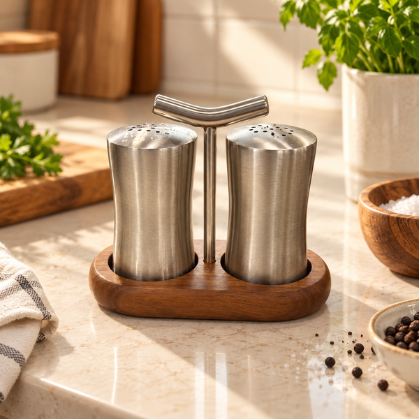 Walnut wood and stainless steel salt and pepper shaker set