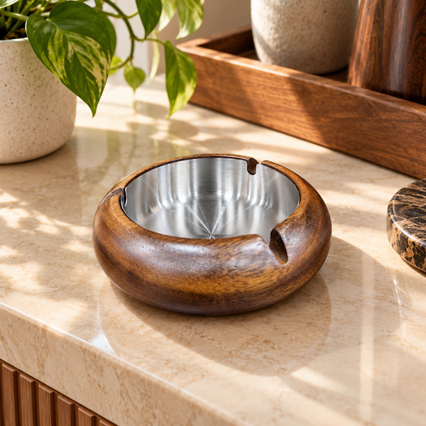 Walnut wood ashtray with stainless steel inner bowl