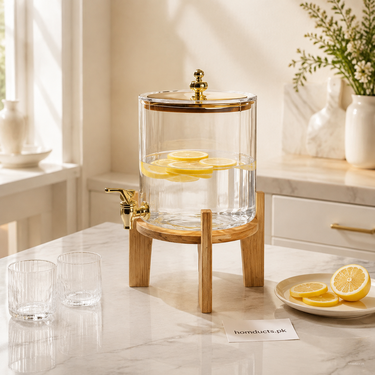 Premium 3.6L Amber Glass Beverage Dispenser with Wooden Stand