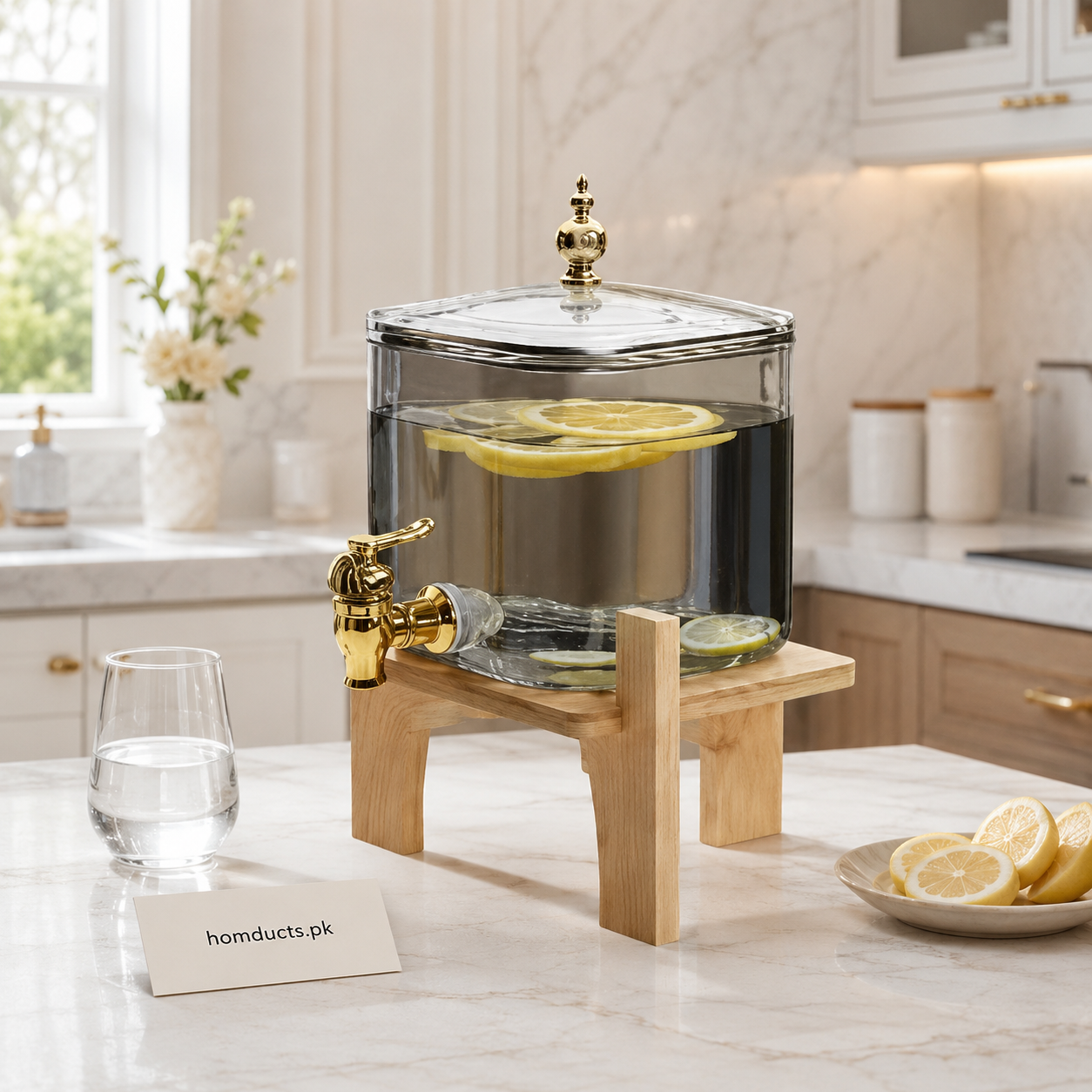 Premium 3.2L Smoky Glass Beverage Dispenser with Wooden Stand