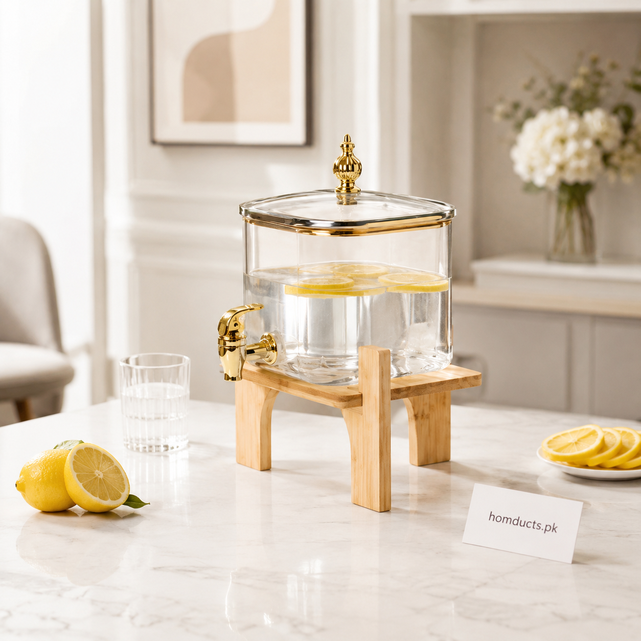 Premium 3.2L Amber Glass Beverage Dispenser with Wooden Stand