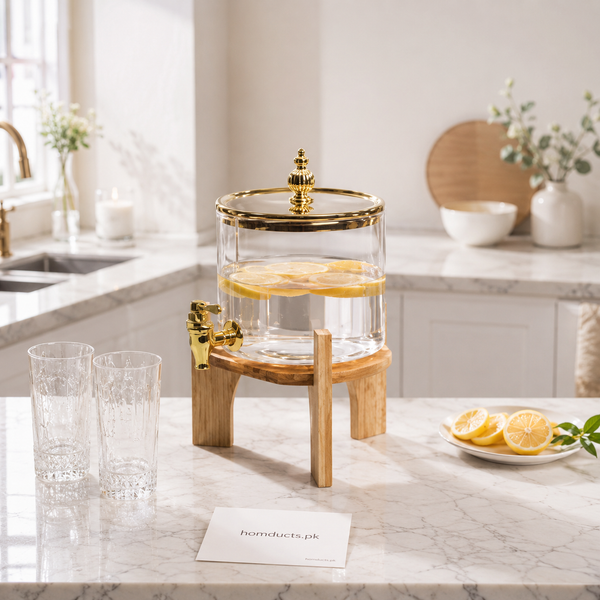 Premium 2.6L Round Amber Glass Beverage Dispenser with Wooden Stand