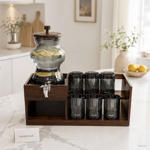 Premium 2.8L Smoky Glass Beverage Dispenser Set with 6 Glasses & Wooden Rack - 8 Piece