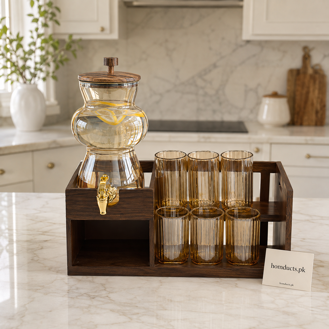Premium 2.8L Amber Glass Beverage Dispenser Set with 6 Glasses & Wooden Rack - 8 Piece