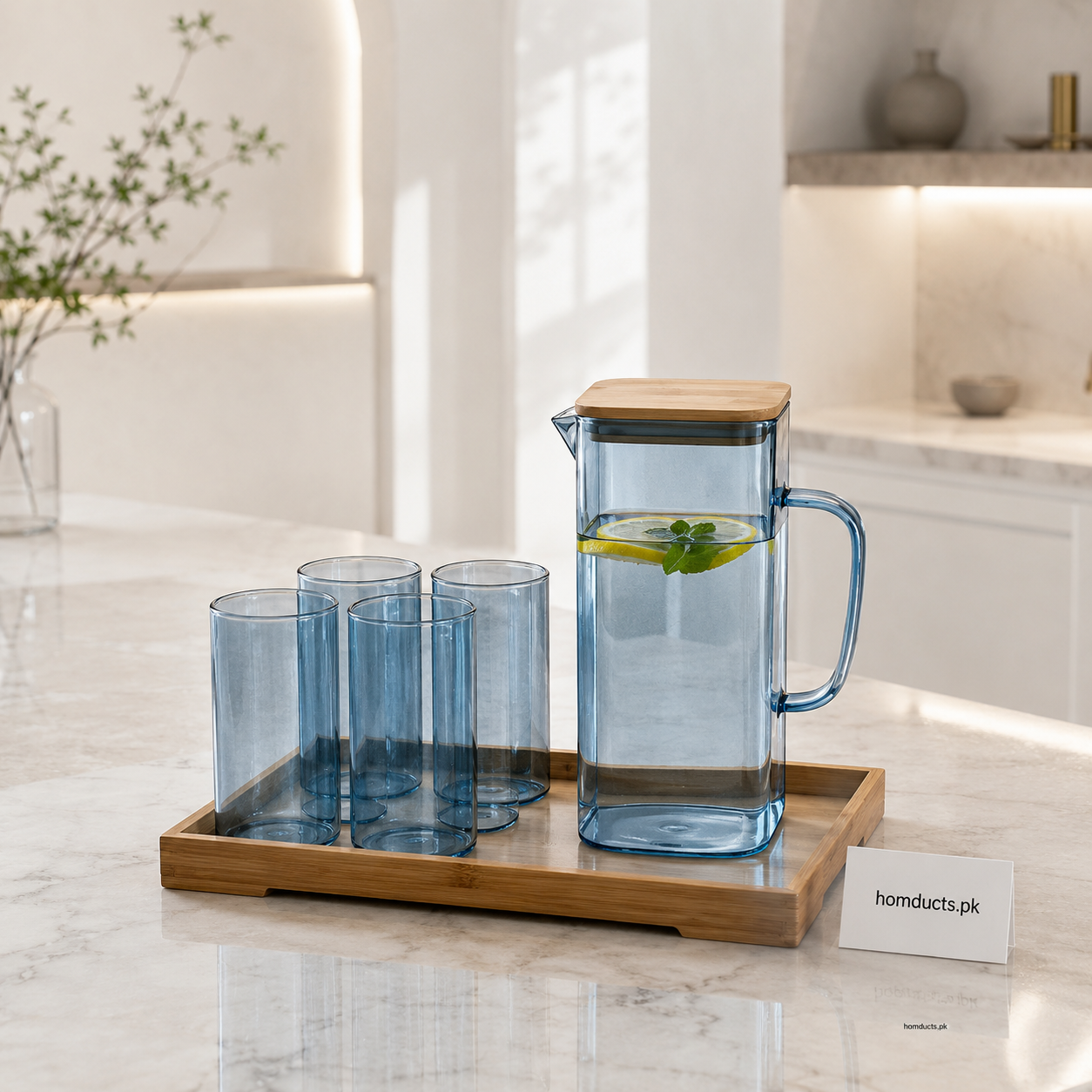 Premium Smoky Blue Glass Water Pitcher Set with 4 Glasses & Wooden Tray - 6 Piece