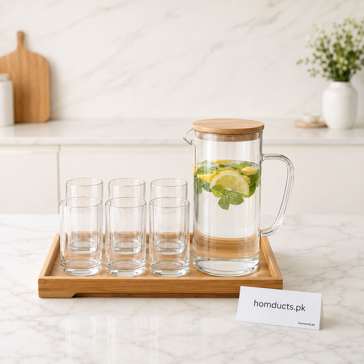 Premium Clear Glass Water Pitcher Set with 6 Glasses & Wooden Tray - 8 Piece