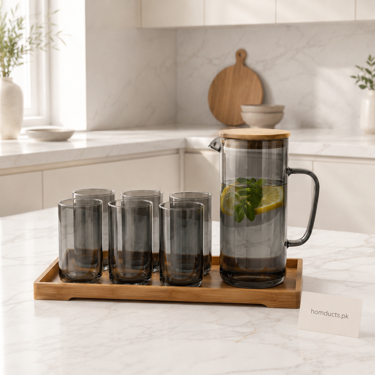 Premium Smoky Glass Water Pitcher Set with 6 Glasses & Wooden Tray - 8 Piece
