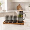 Premium Smoky Glass Water Pitcher Set with 6 Glasses & Wooden Tray - 8 Piece