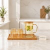 Premium Amber Glass Water Pitcher Set with 6 Glasses & Wooden Tray - 8 Piece