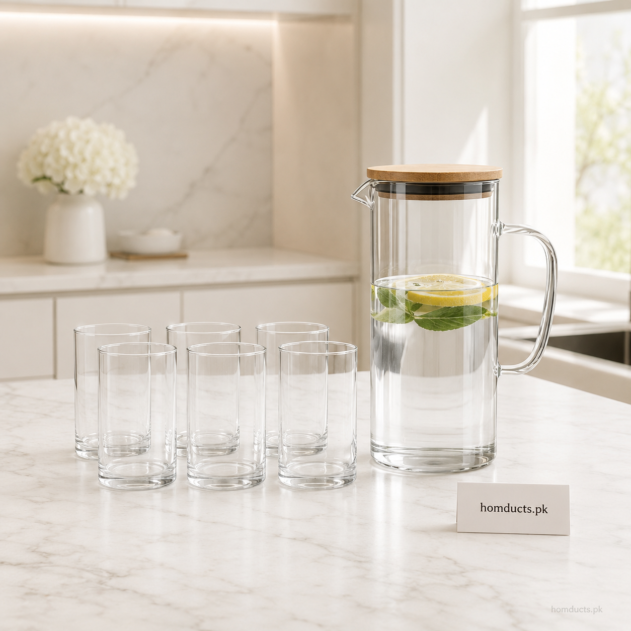 Premium Clear Glass Water Pitcher Set with 6 Glasses - 7 Piece