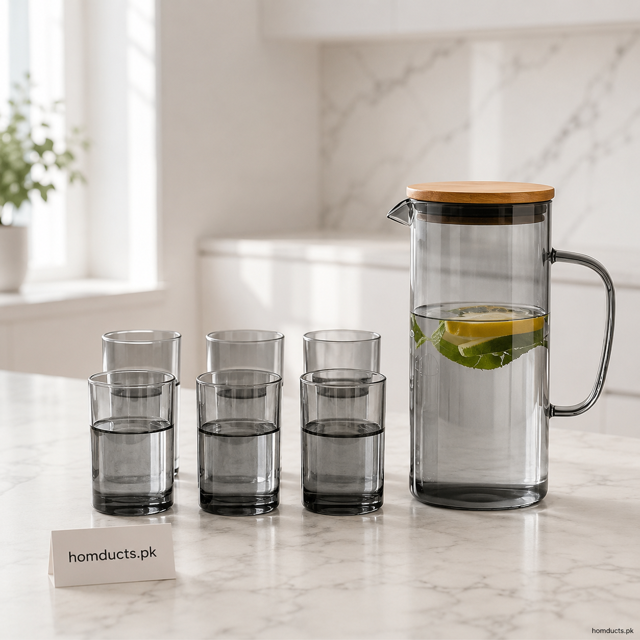 Premium Smoky Glass Water Pitcher Set with 6 Glasses - 7 Piece