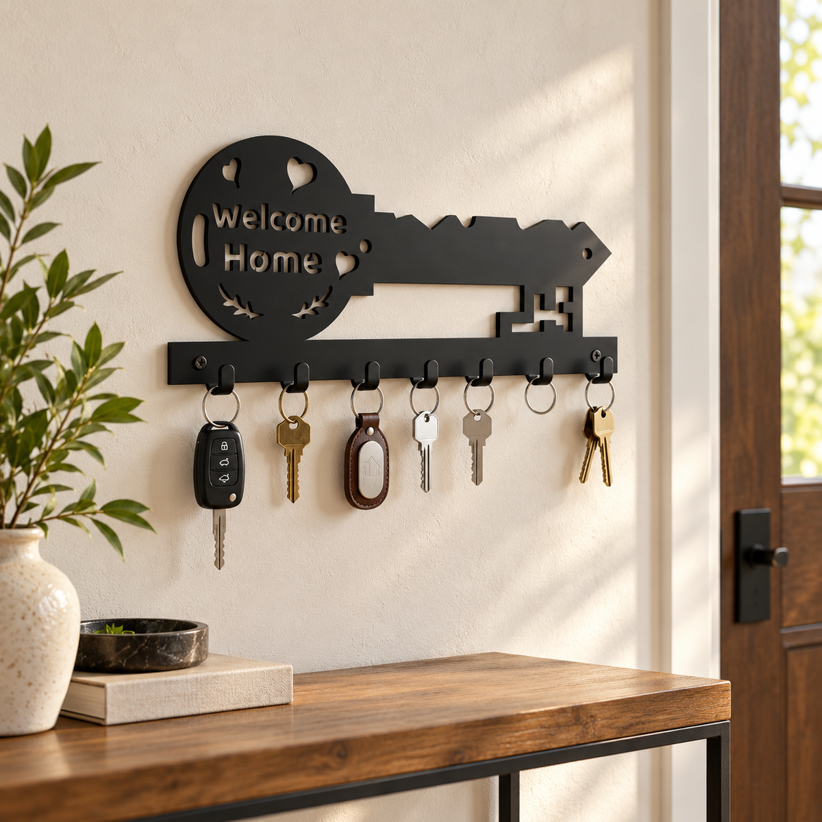 Welcome Home Key-Shaped steel wall key holder in a premium entryway