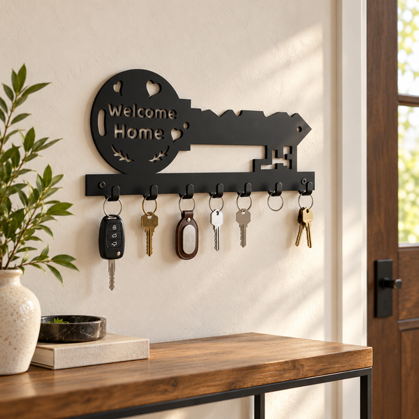 Welcome Home Key-Shaped steel wall key holder in a premium entryway