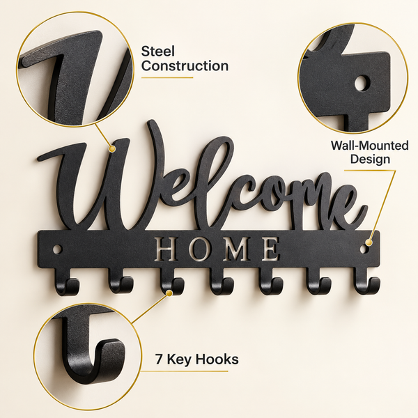 Welcome Home Script steel wall key holder feature details