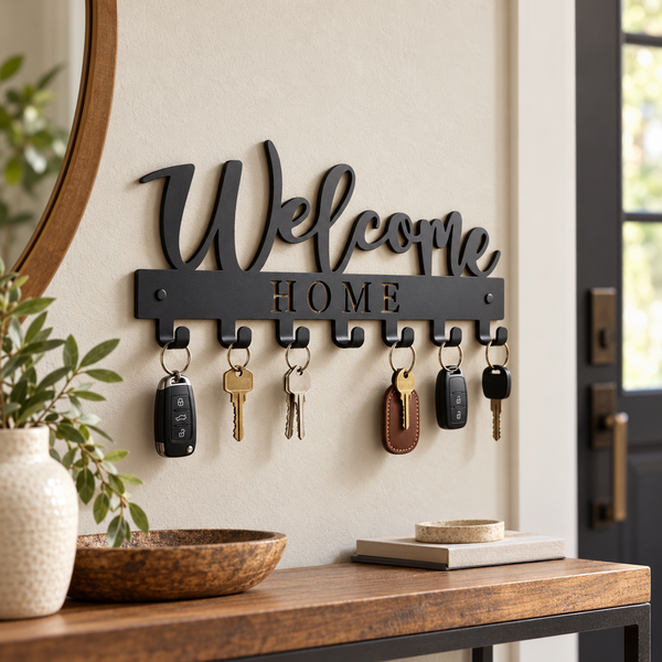 Welcome Home Script steel wall key holder in a premium entryway