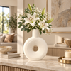 White donut ring ceramic vase with concentric texture
