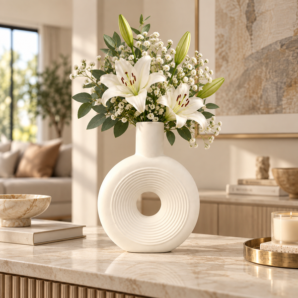 White donut ring ceramic vase with concentric texture