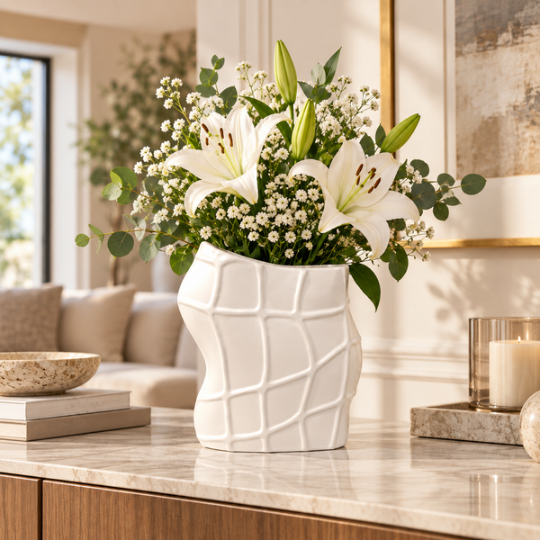 White geometric relief ceramic vase