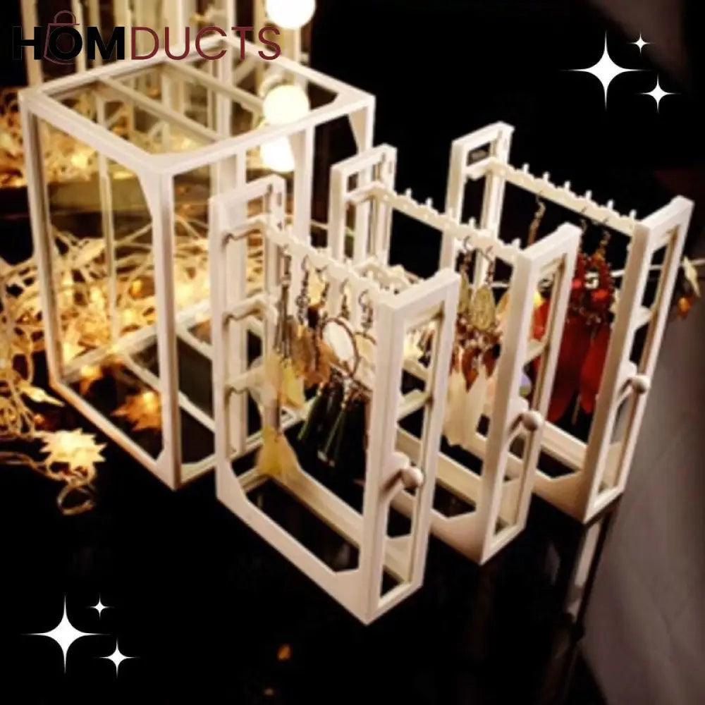 White Glass Jewelry Display Cabinet with Hinged Doors - Earring Showcase Box for Home Decor and Organization