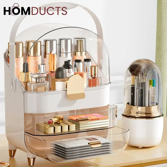 White-Gold Cosmetic Organizer with Dustproof Dome & Drawer Storage