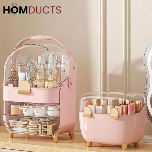 White-Gold Cosmetic Organizer with Dustproof Dome & Drawer Storage