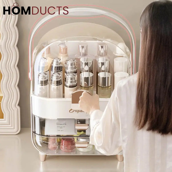 White-Gold Cosmetic Organizer with Dustproof Dome & Drawer Storage